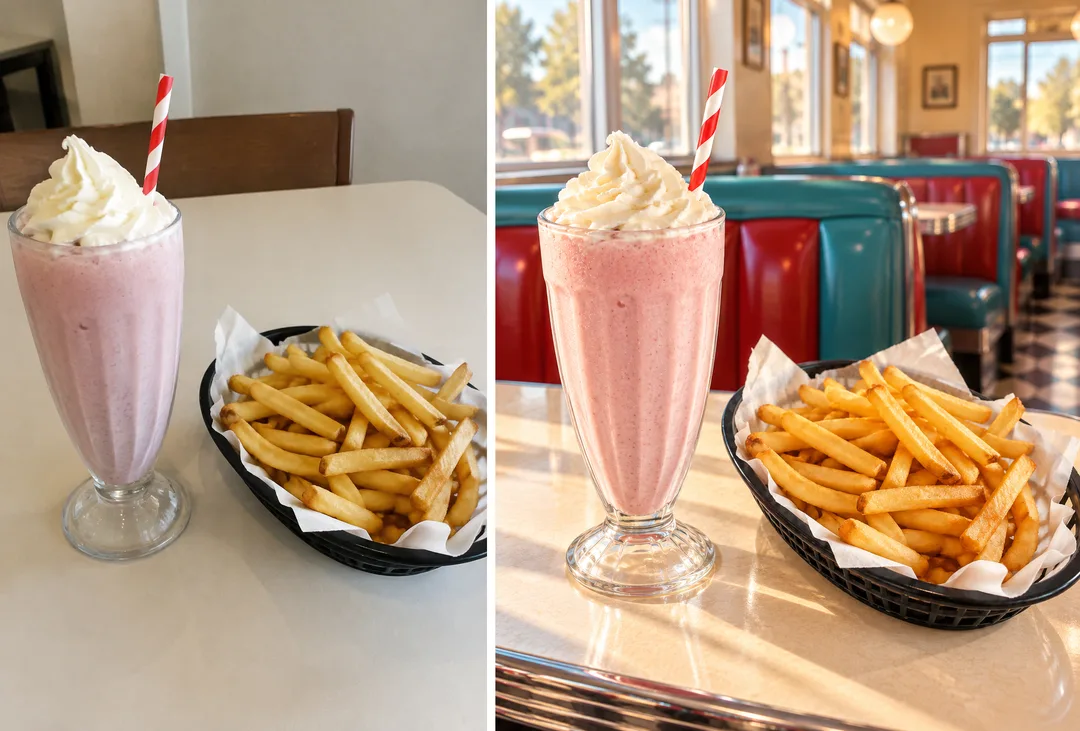 50s diner table photo — your menu at a retro American diner window seat — Example 1