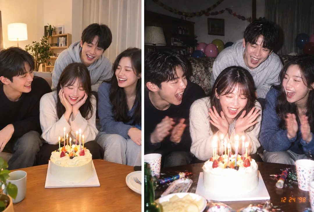 90년대 일회용 카메라 파티 사진 — 직광 플래시 · 필름 입자 · 주황 날짜 각인 — 예시 1