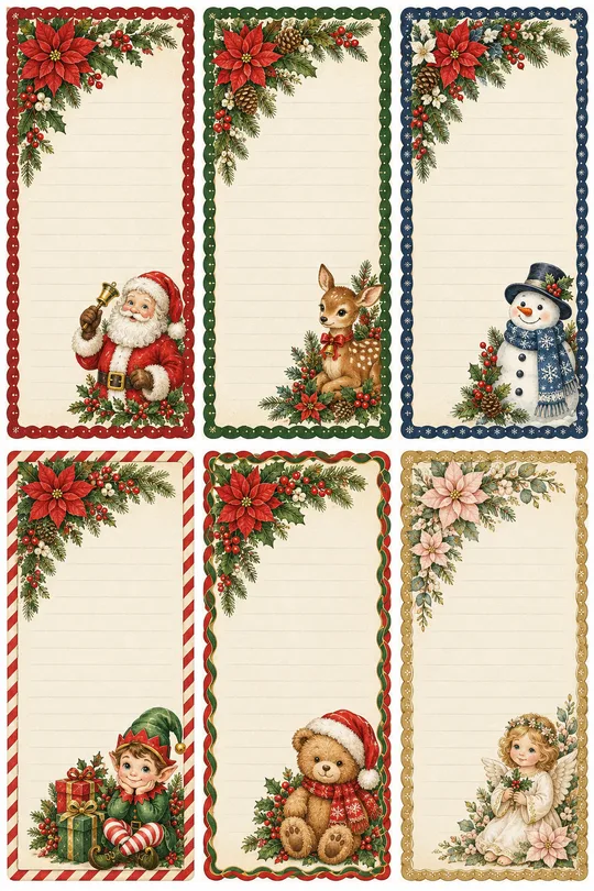 クリスマス便箋 — サンタ・子鹿・雪だるま・妖精・くま・天使のヴィンテージ水彩