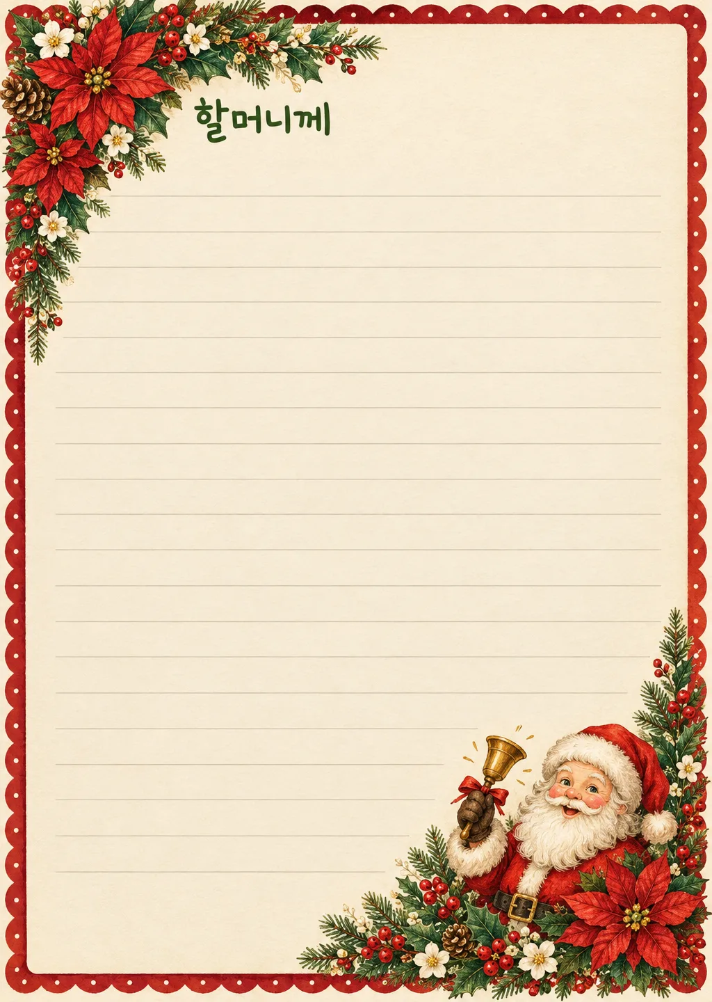 Christmas letter paper — Santa, baby deer, snowman, elf, teddy bear, angel in vintage watercolor sample