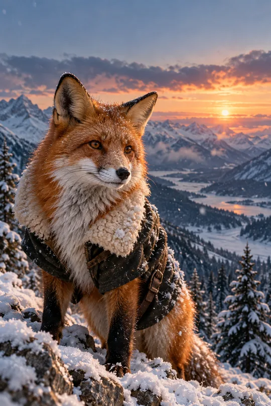 冬の動物のシネマティック肖像 — コートをまとったキツネ・ユキヒョウ・うちの犬が雪山に