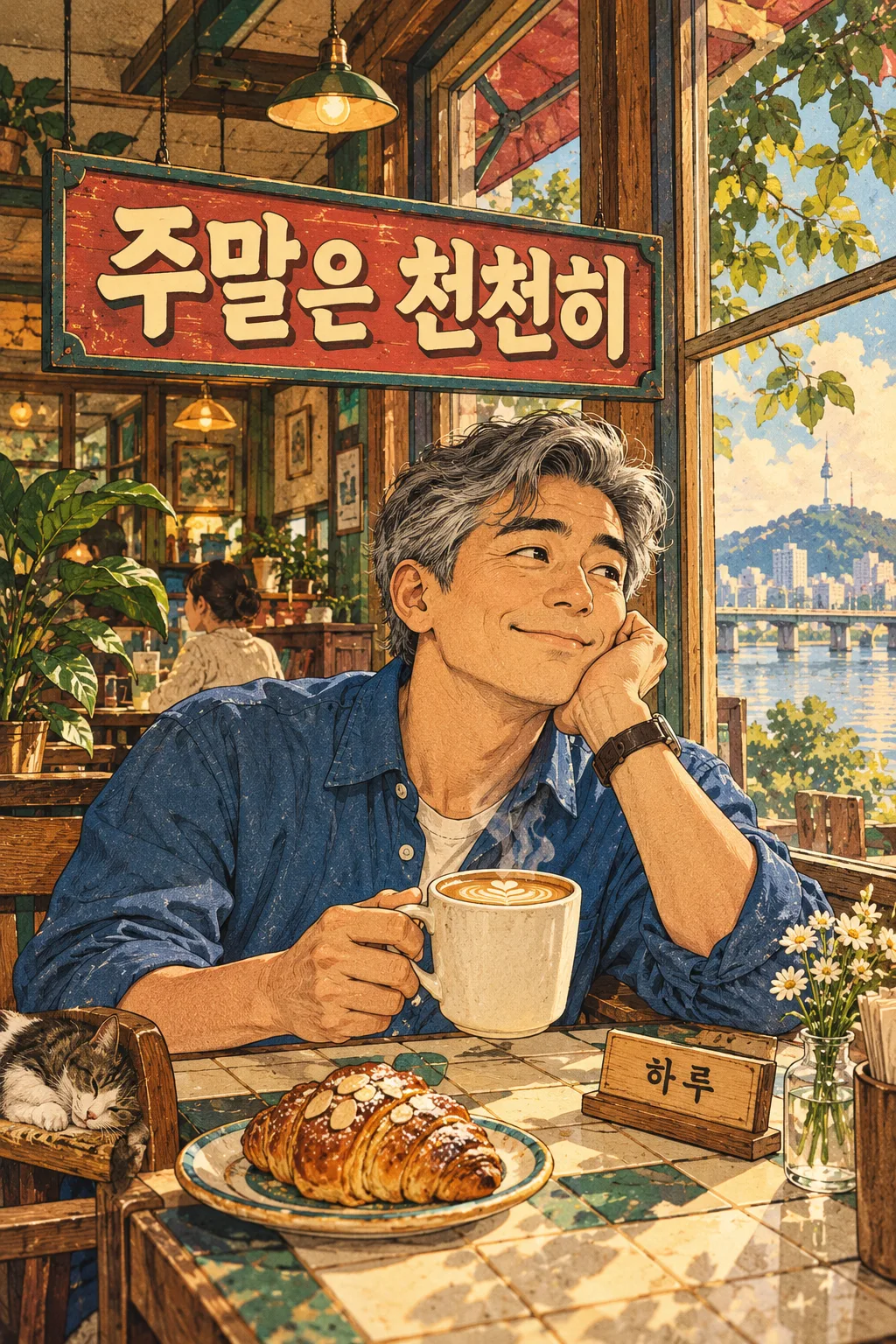 커피 감성 일러스트 — 일상의 한 장면을 레트로 포스터로 — 예시 2