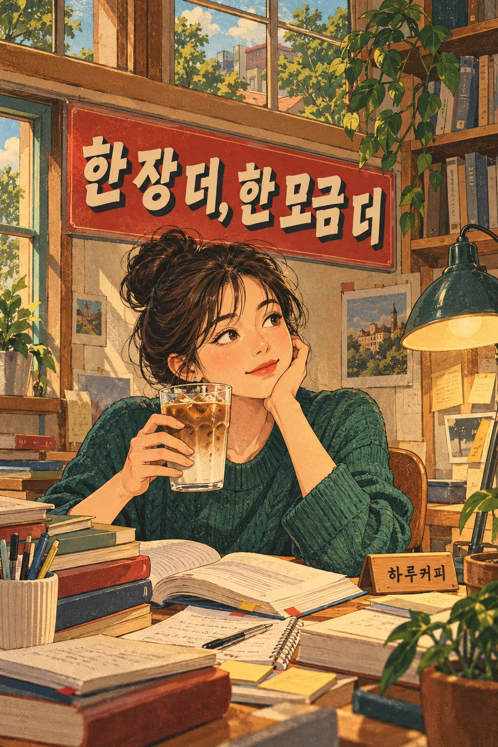 커피 감성 일러스트 — 일상의 한 장면을 레트로 포스터로 — 예시 1