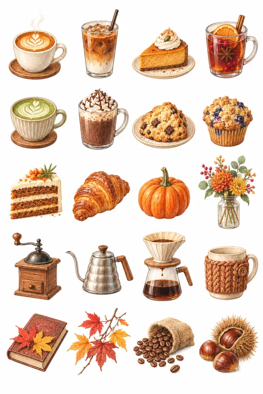 Colored-pencil clipart — 24 themed motifs on one sheet