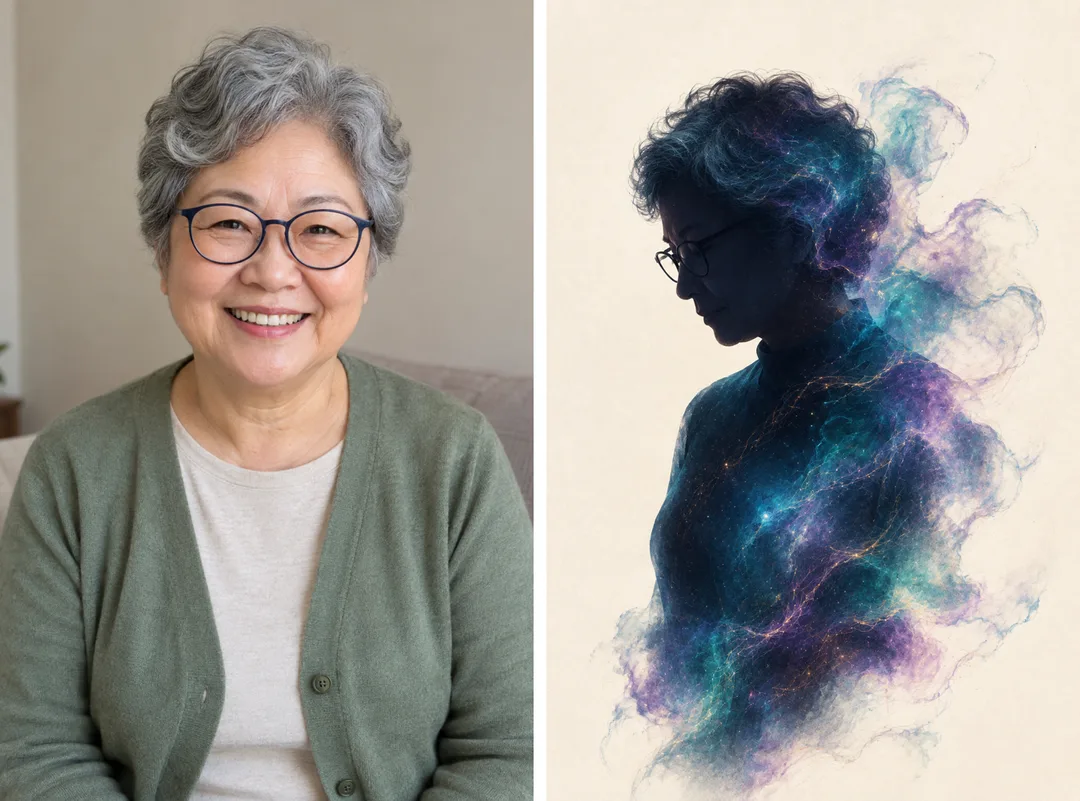 우주 연기로 풀리는 내 실루엣 — 흰 여백과 별빛 섬유 — 예시 1