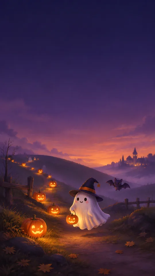 かわいいハロウィンのスマホ壁紙 — 紫の夜空・かぼちゃランタン・ちびおばけ