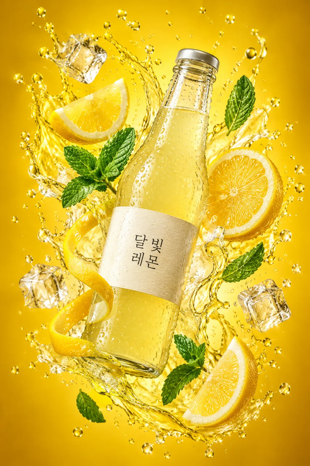 Drink splash ad photo — your bottle floating with fruit and droplets — Example 2