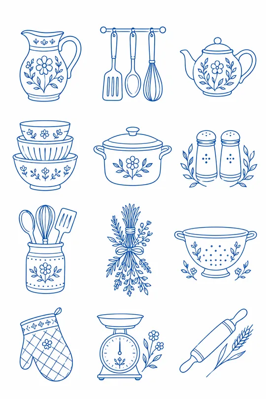 Embroidery pattern sheet — twelve single-line motifs on one theme