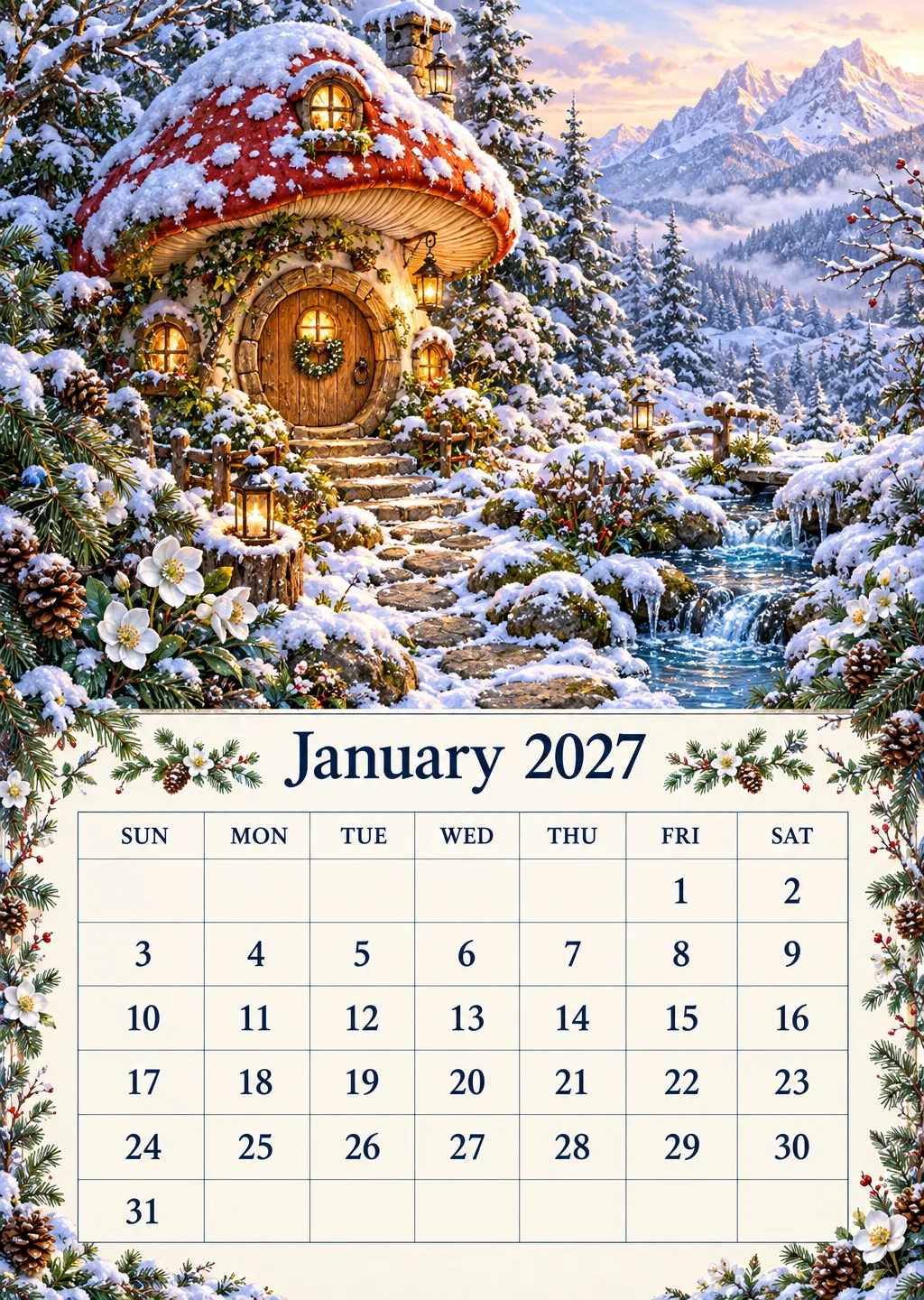 2027 calendar — fairy garden monthly calendar (accurate dates, January to December) sample