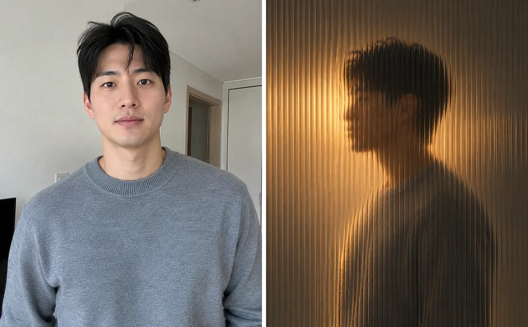 골유리 너머 실루엣 — 세로 홈 유리 뒤 흐린 나 + 따뜻한 빛 — 예시 1