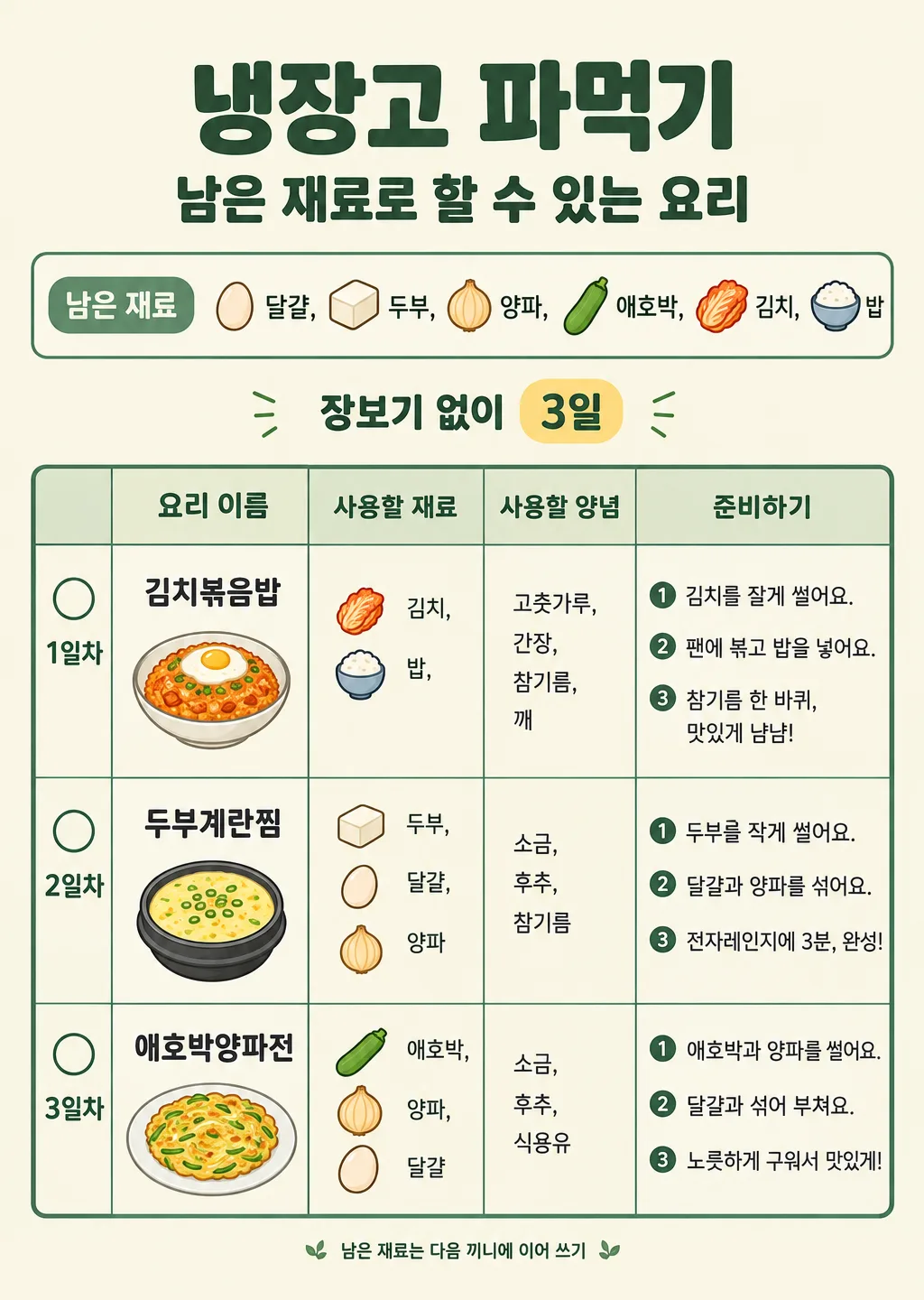 남은 재료로 할 수 있는 요리 추천 샘플