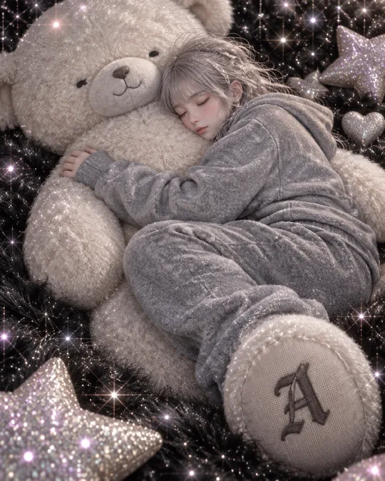 내 이니셜 거대 인형 안고 잠든 나 — 반짝이 담요 위 감성 배경화면