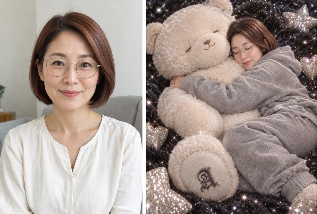 イニシャル入り巨大ぬいぐるみと眠るわたし — きらめく毛布の壁紙 — 作例 1