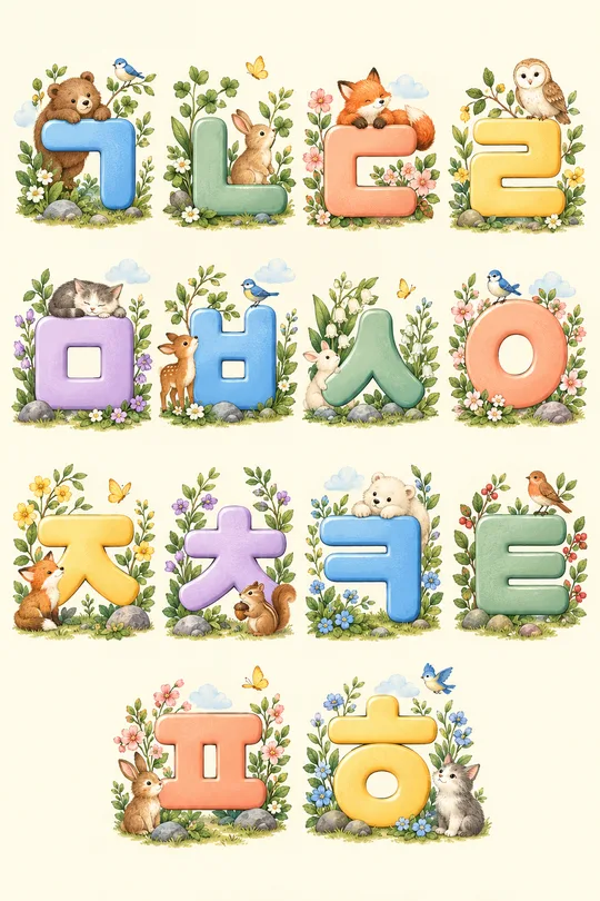 한글 자음 그림 포스터 — ㄱ부터 ㅎ까지 동물 · 바다 · 탈것으로 꾸민 아이방 글자