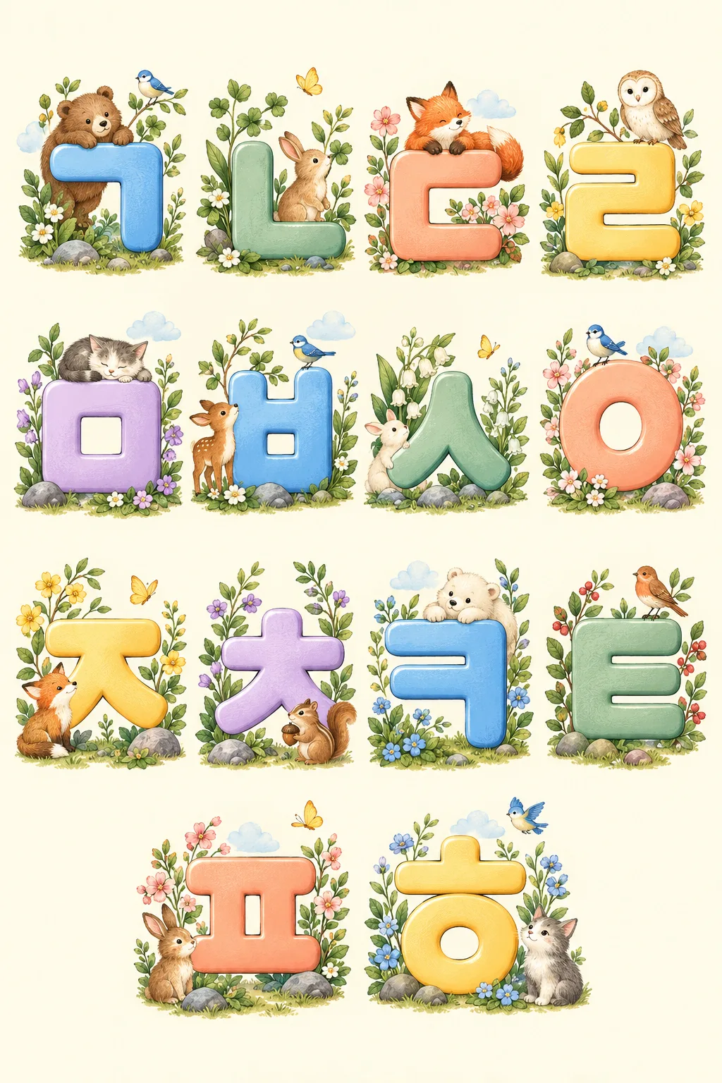 한글 자음 그림 포스터 — ㄱ부터 ㅎ까지 동물 · 바다 · 탈것으로 꾸민 아이방 글자 샘플