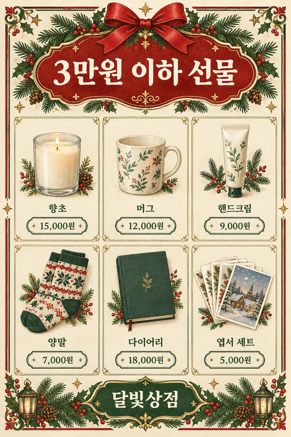 연말 선물 가이드 게시물 — 우리 가게 상품 6개를 가격과 함께 한 장에 샘플