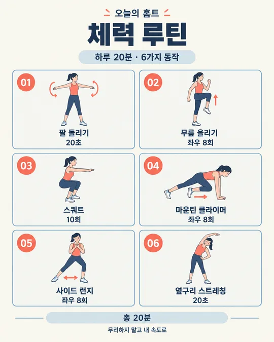 028 홈트 루틴표 — 목표와 시간에 맞춘 6가지 동작