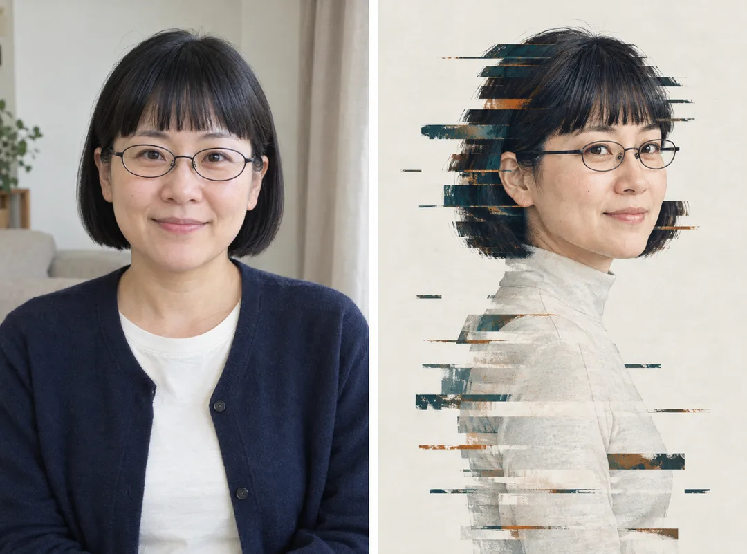 가로 글리치 내 초상 — 흰 여백에 잘려 어긋나는 인물 — 예시 1