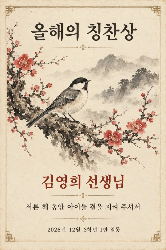 수묵화 감사패 · 상장 — 매화 · 대나무 · 학 그림과 이름이 들어간 인쇄용 기념장 (스승의 날 · 퇴임 · 가족)