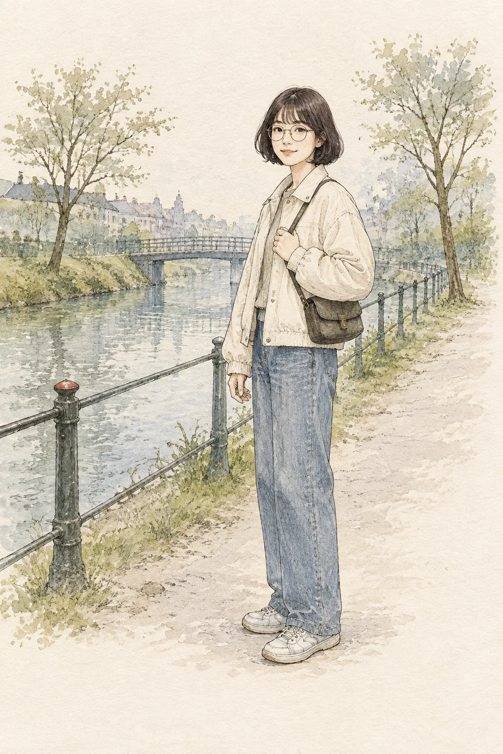 ペン線と淡い水彩の人物画 サンプル