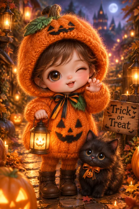 うちの子のハロウィンフォト — 手編みのかぼちゃ・ちびおばけ・黒猫の仮装