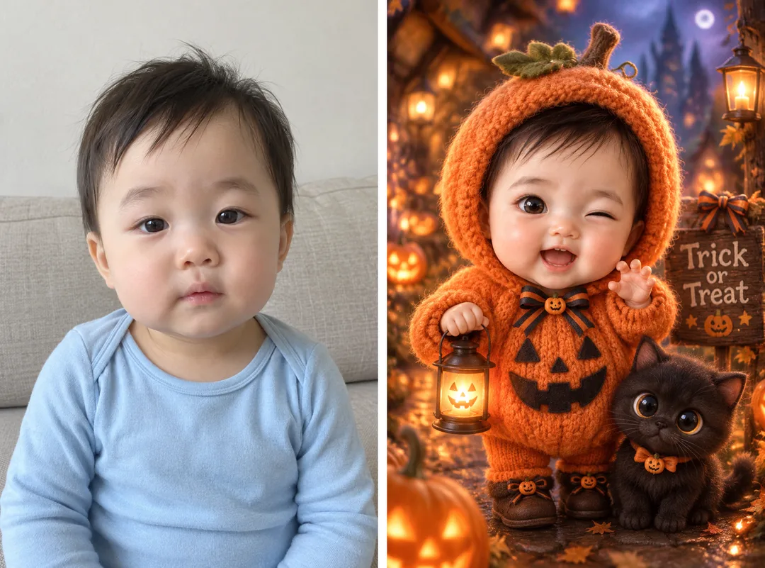 우리 아이 할로윈 화보 — 손뜨개 호박 · 꼬마 유령 · 검은 고양이 코스튬 — 예시 1