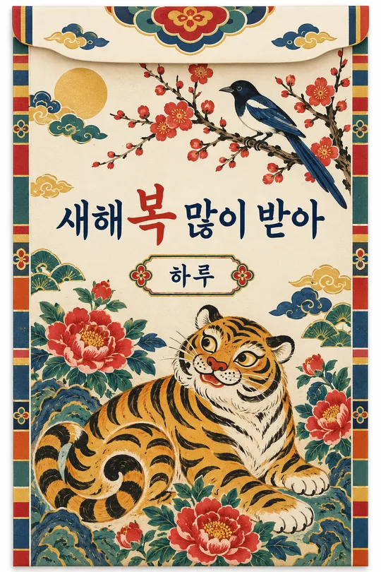 세뱃돈 봉투 도안 — 민화 그림과 덕담이 담긴 A4 펼친 봉투 한 장