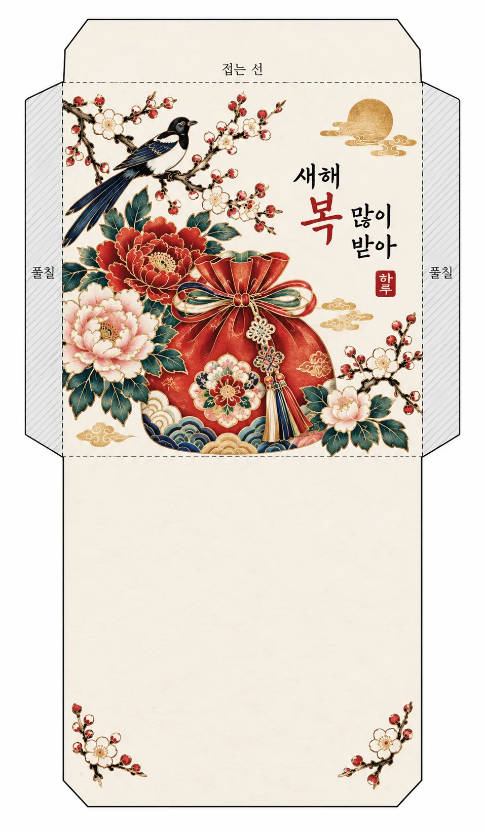 Lunar New Year money envelope — one printable unfolded minhwa template — Example 1