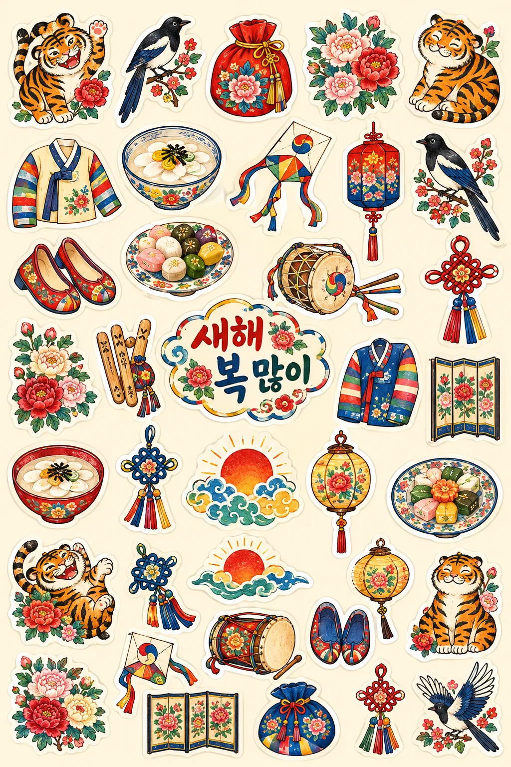 Korean folk painting sticker set — peonies, magpies, tigers and lucky pouches sample