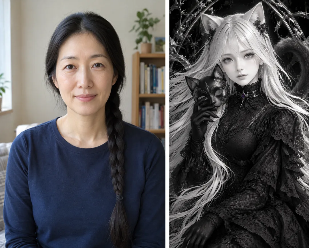 흑백 고딕 고양이 귀 일러스트 — 은빛 머리카락 · 레이스 · 가시 덩굴 폰 배경 — 예시 1