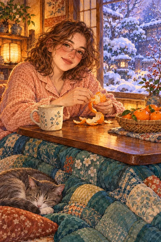 自分の写真を冬のこたつイラストに