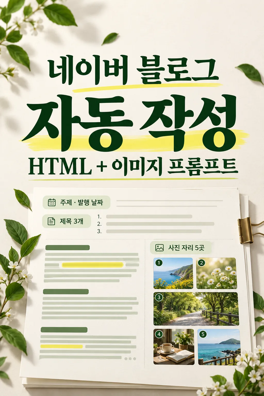 네이버 블로그 글 자동 작성 — 주제만 넣으면 HTML 본문과 이미지 프롬프트 5장 샘플
