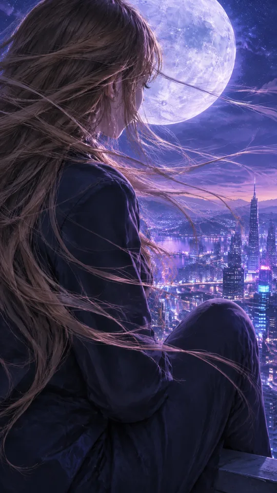 밤 도시를 바라보는 나 — 바람에 흩날리는 머리 · 큰 달 감성 폰 배경