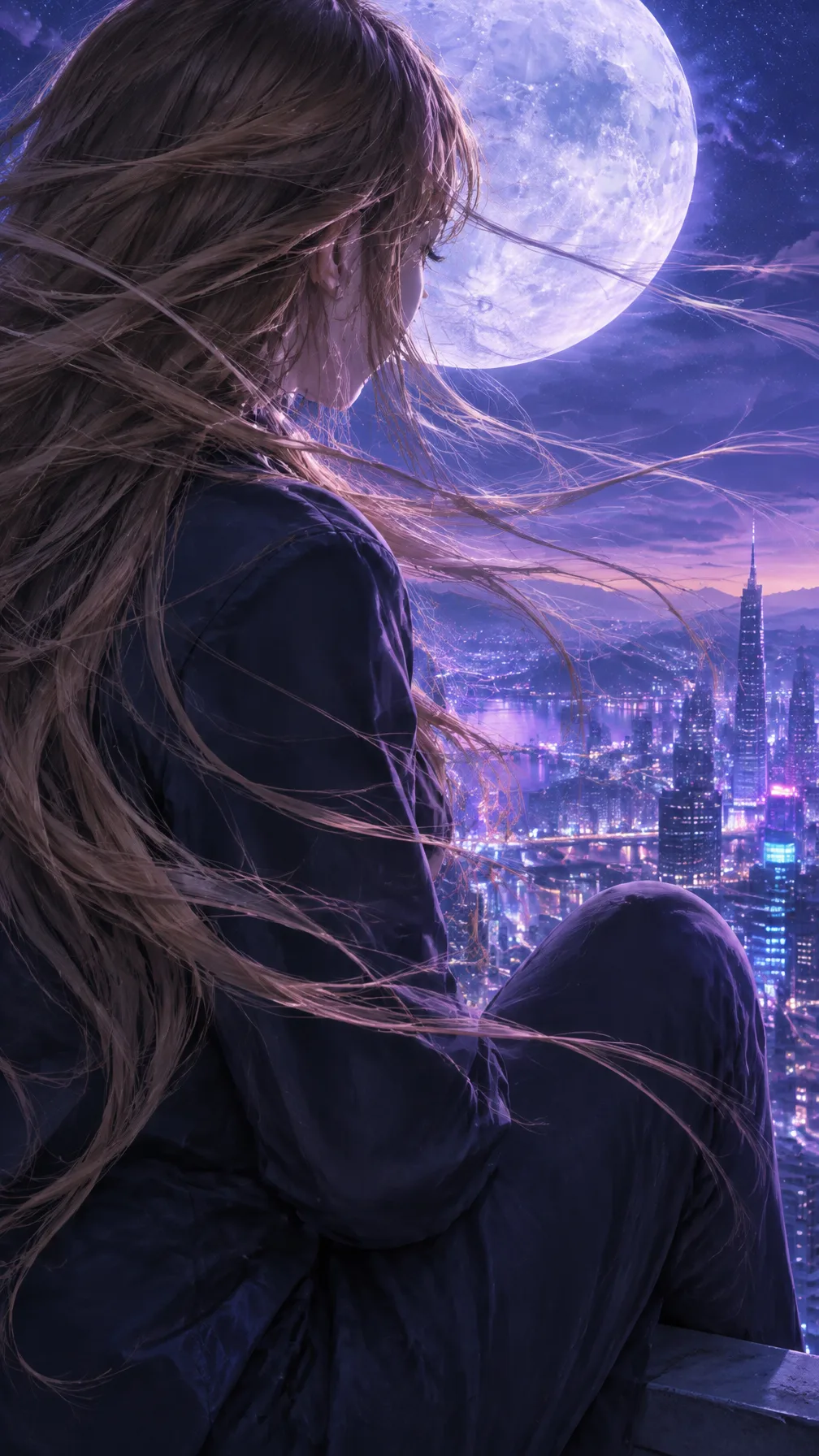 밤 도시를 바라보는 나 — 바람에 흩날리는 머리 · 큰 달 감성 폰 배경 샘플