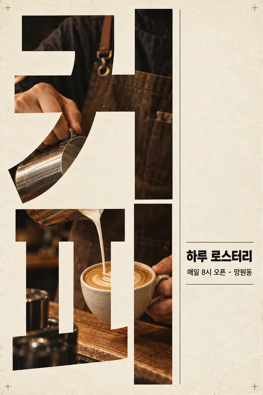 세로 큰 글자 포스터 — 거대한 단어 속이 사진 창이 되는 모던 그래픽 (가게 · 행사 홍보)