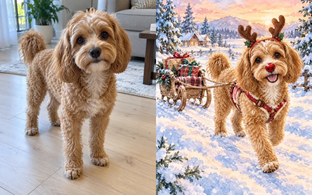 Pet reindeer illustration — a Christmas adventure in the snow — Example 2