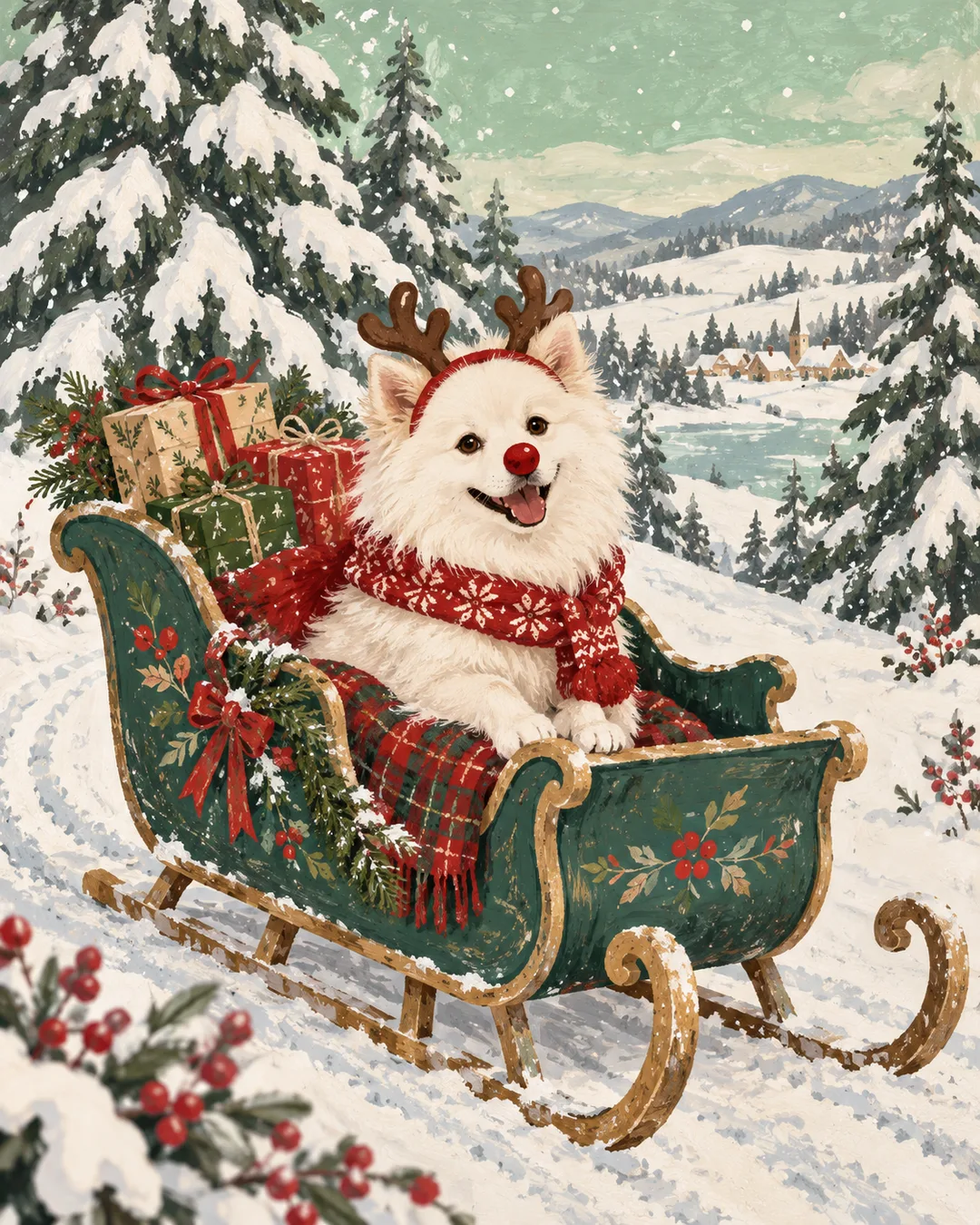 Pet reindeer illustration — a Christmas adventure in the snow — Example 1