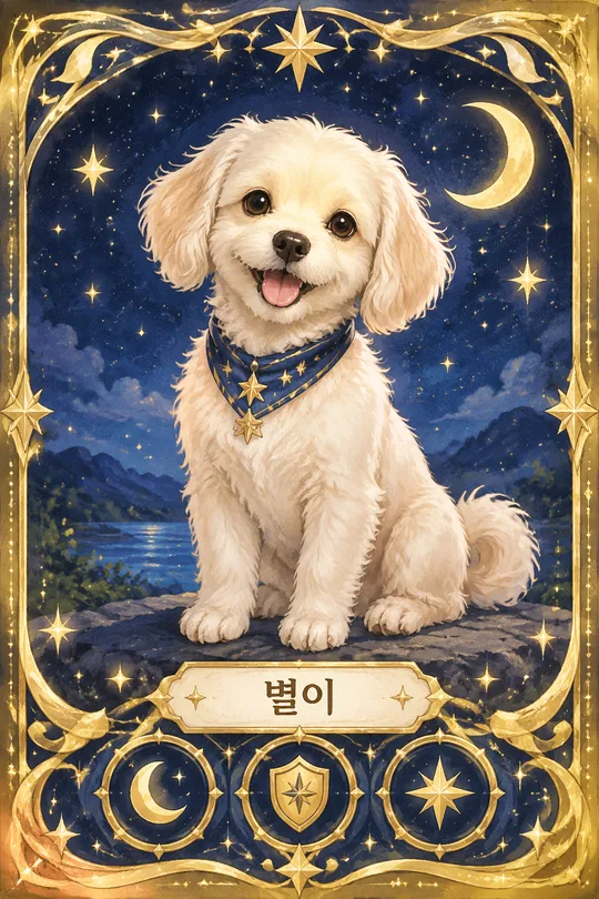 우리 반려동물 트레이딩 카드 — 반짝이 테두리 · 이름 한 줄 · 속성 아이콘