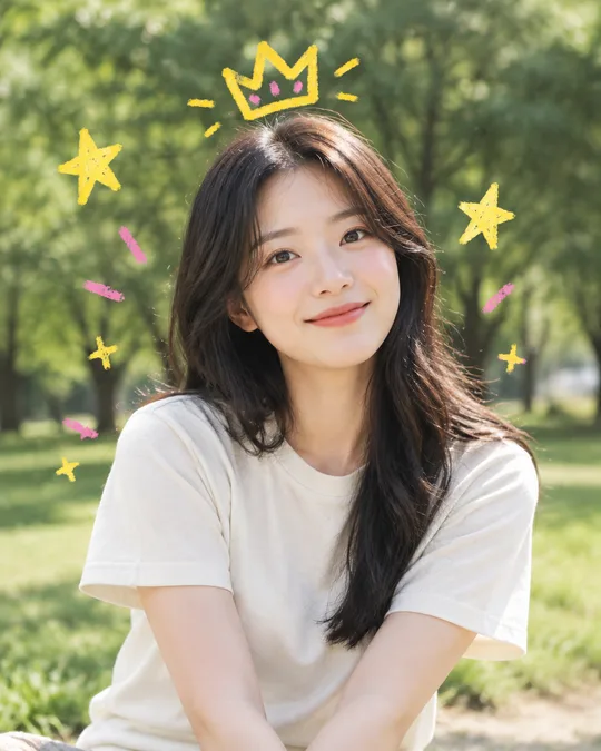 내 사진 낙서 꾸미기 — 사진은 그대로, 위에 크레용 왕관 · 별 · 하트 낙서