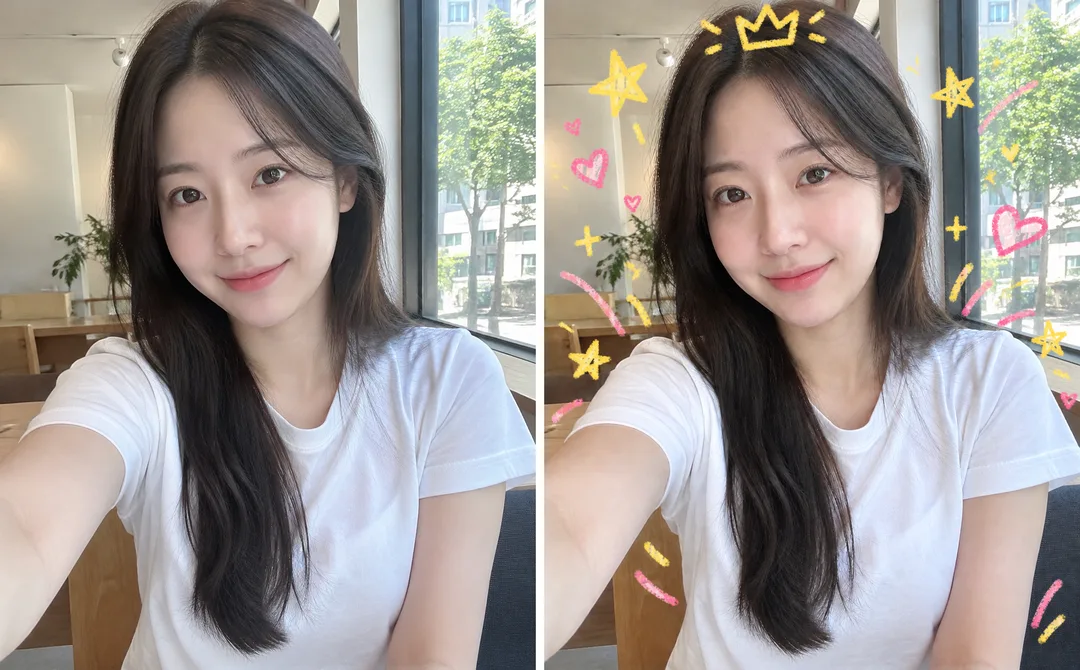 내 사진 낙서 꾸미기 — 사진은 그대로, 위에 크레용 왕관 · 별 · 하트 낙서 — 예시 1