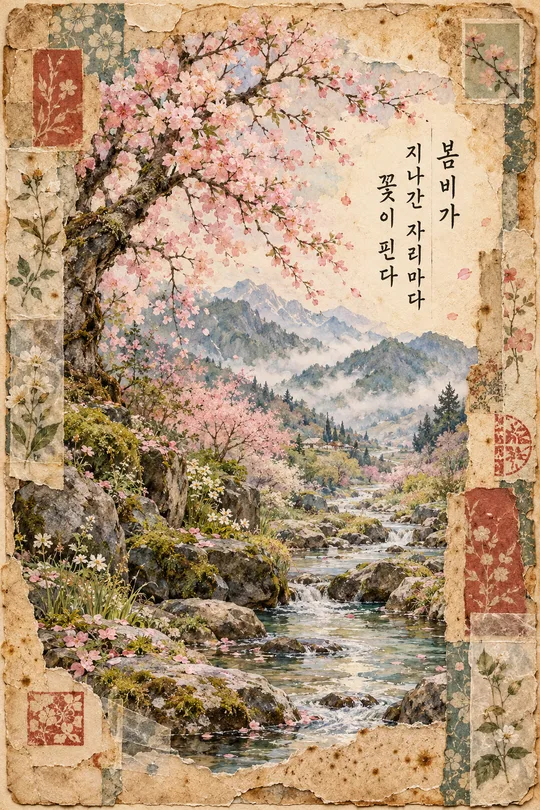 시화 다꾸 페이지 — 시 한 줄과 수채 풍경, 도장 · 테이프가 어우러진 정크저널 한 장