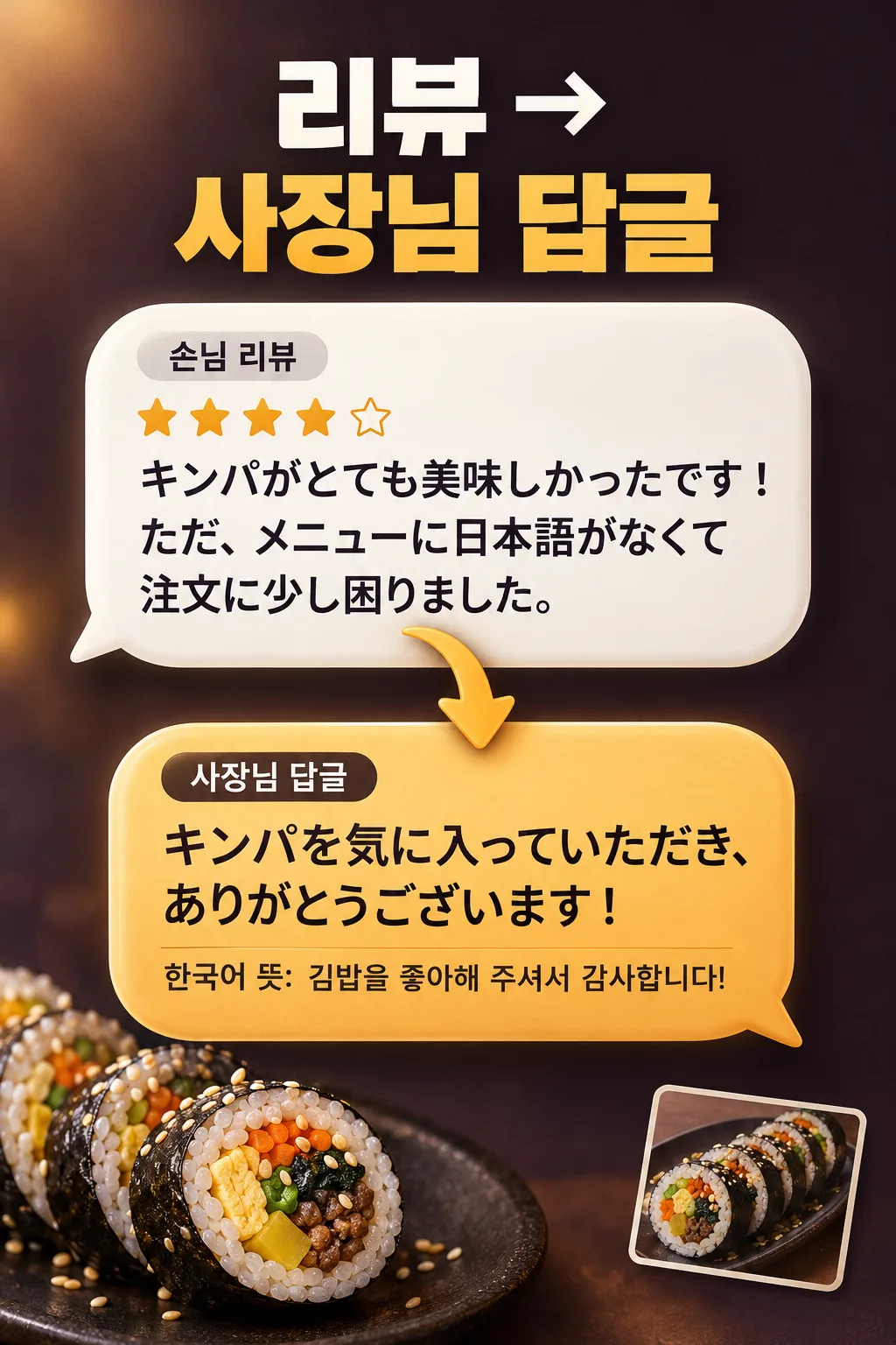 口コミ返信 — 星1つのクレームにも、外国語の口コミにはその言語で サンプル