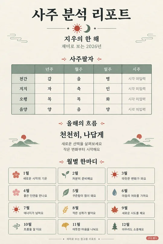 068 Saju Four Pillars Report โ Annual and 12-Month Reading
