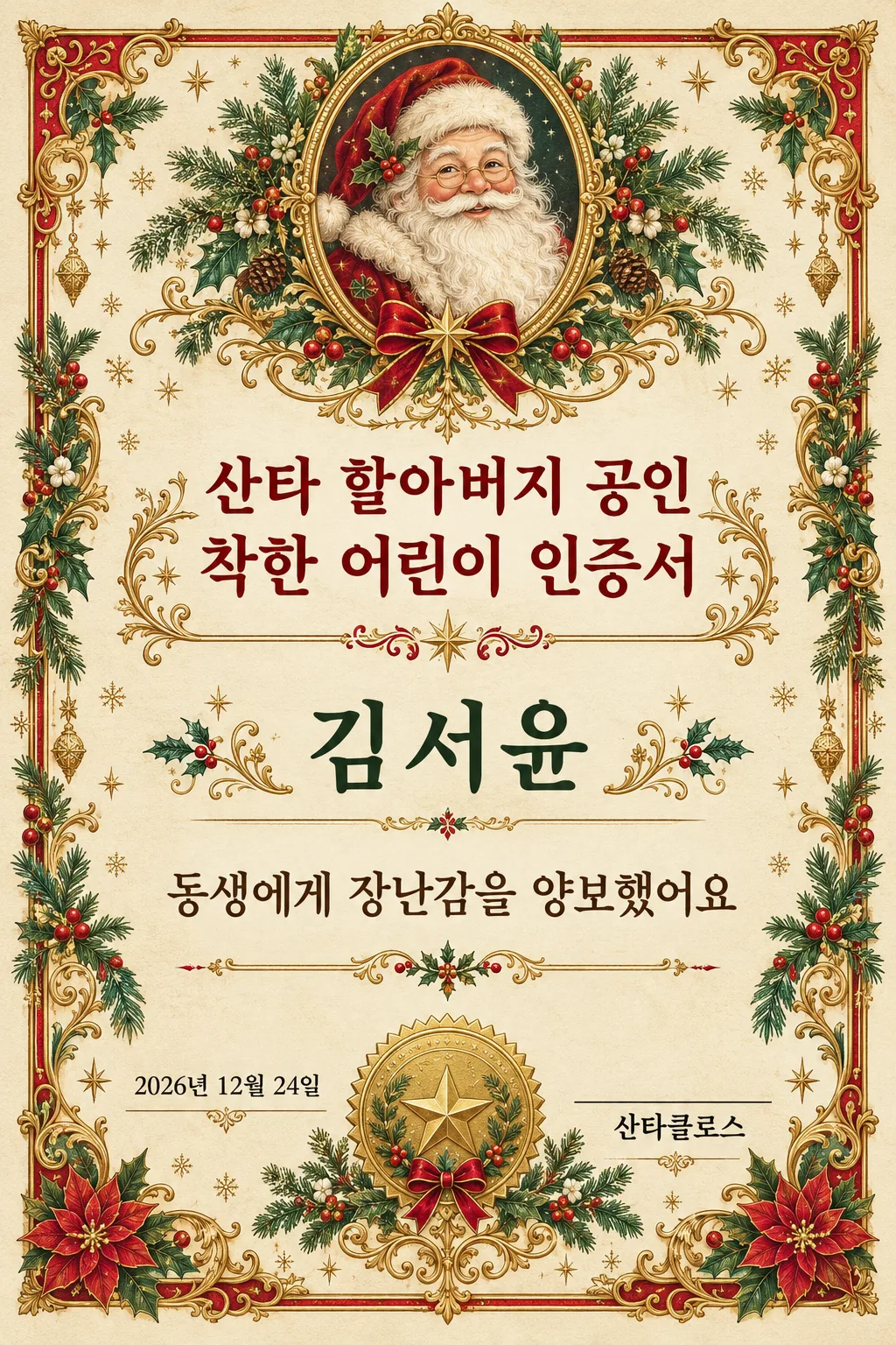 Santa's nice list certificate — a printable Christmas award with your child's name sample