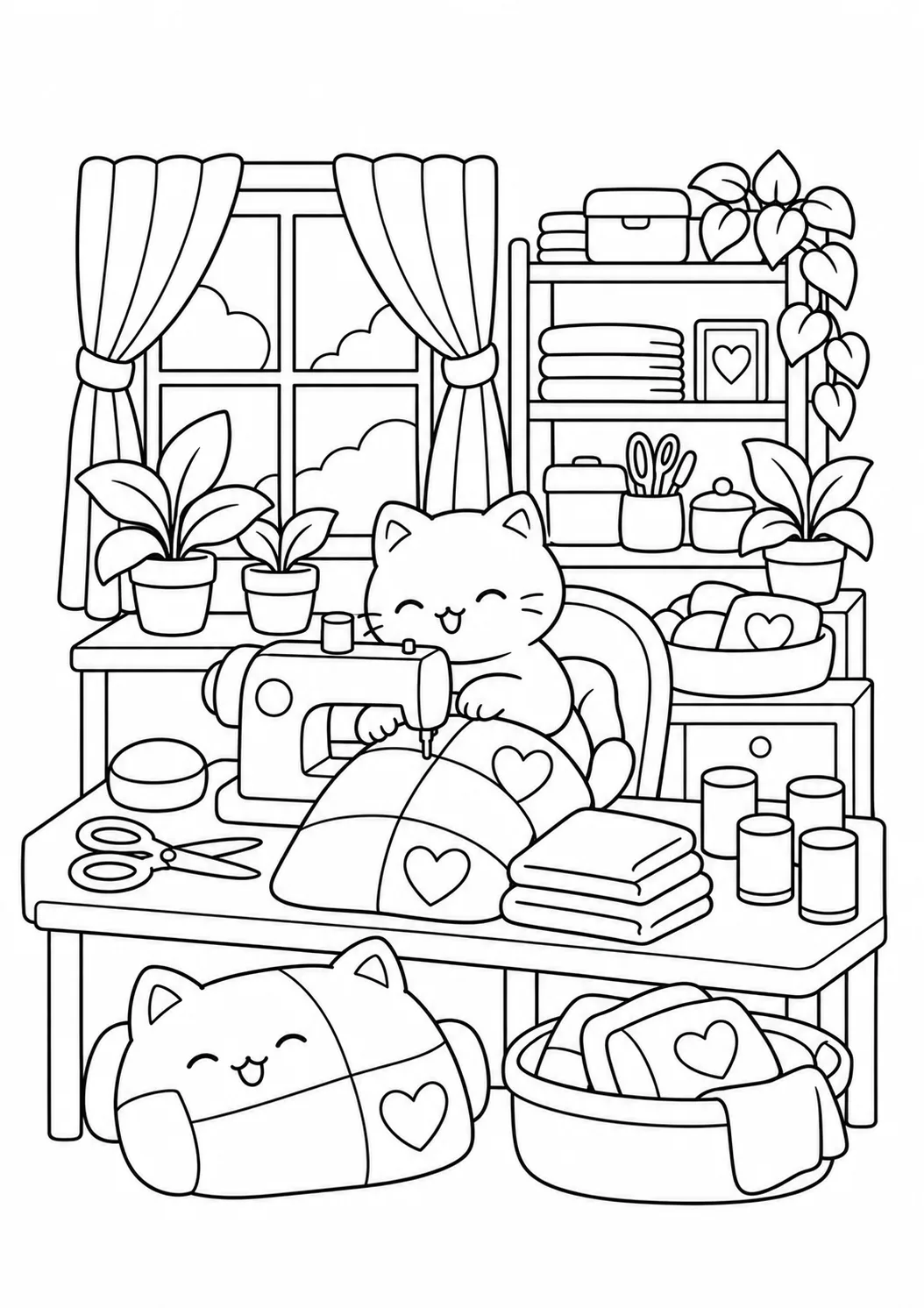 裁縫部屋のぬりえ — ミシンと布 — 作例 2