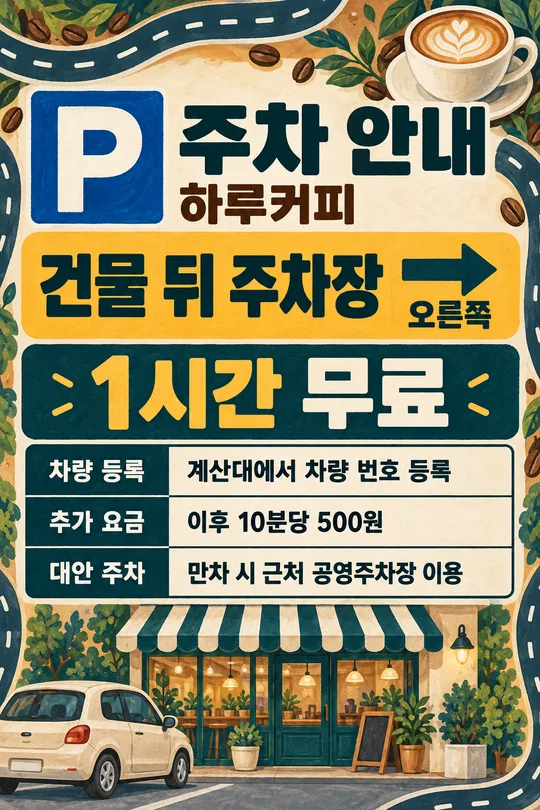 주차 안내판 — 위치·무료 시간·차량 등록