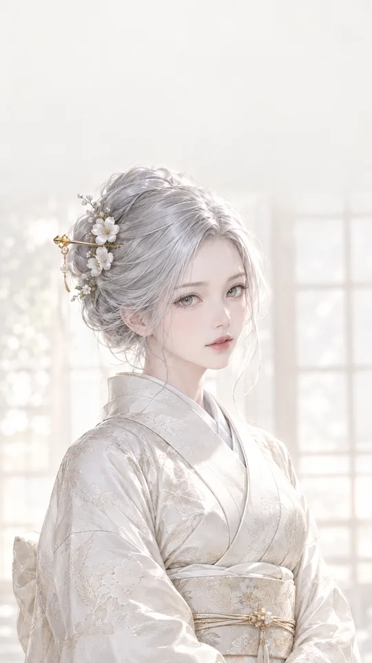Silver-Haired Traditional Dress Phone Wallpaper — White Silk and a Gold Hairpin