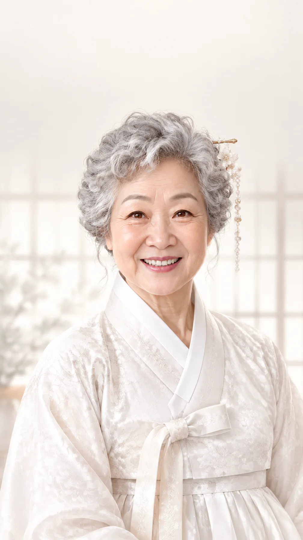 Silver-Haired Traditional Dress Phone Wallpaper — White Silk and a Gold Hairpin — Example 2