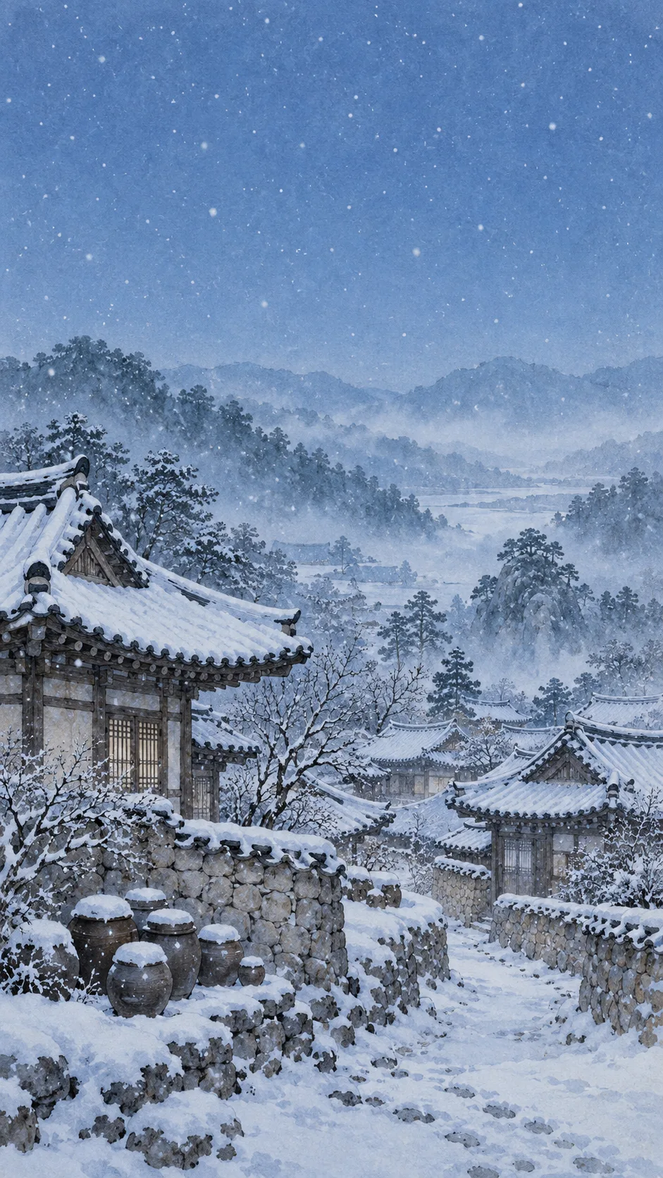눈 내리는 한옥 마을 배경화면 — 예시 2