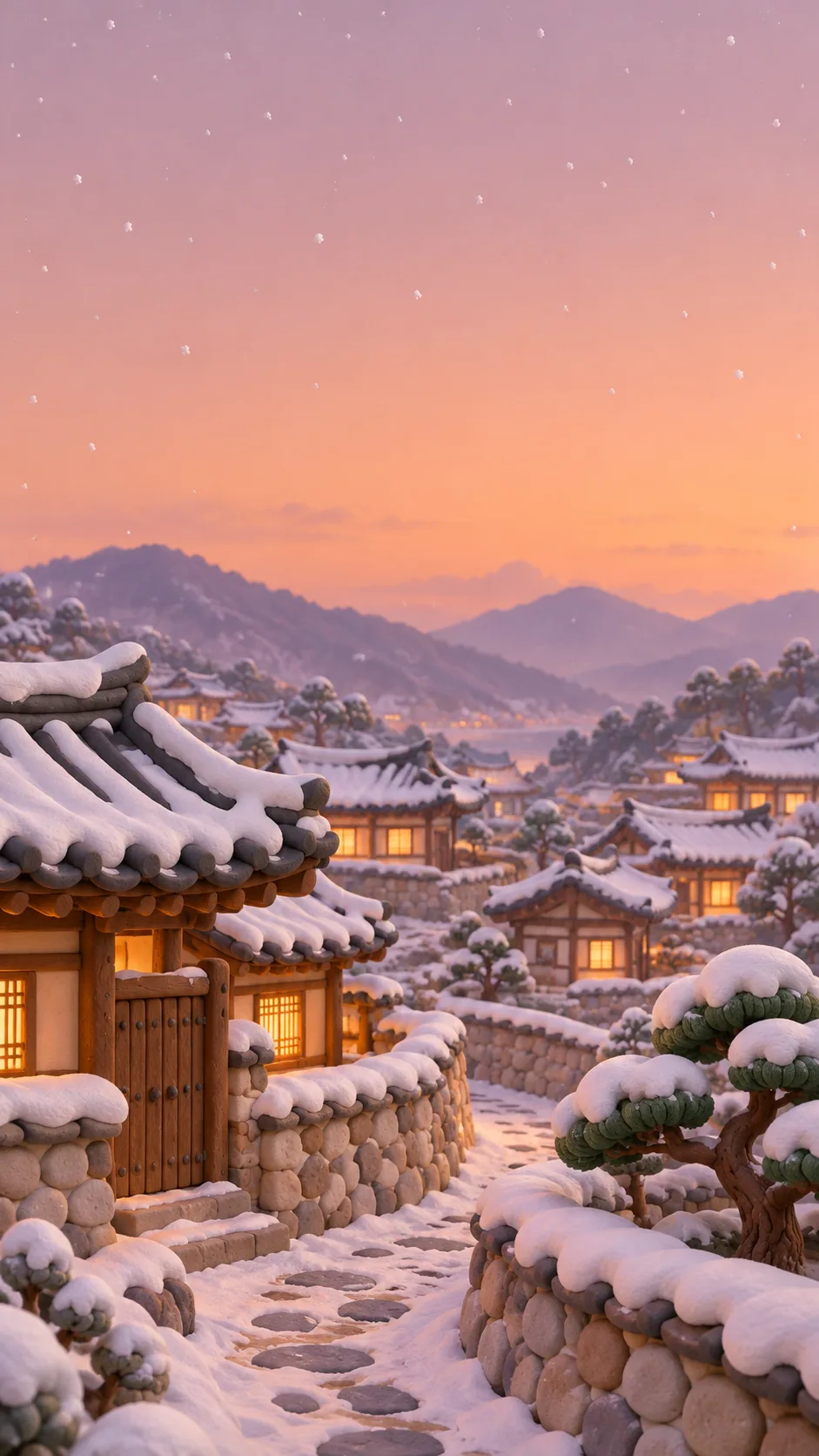 눈 내리는 한옥 마을 배경화면 — 예시 3